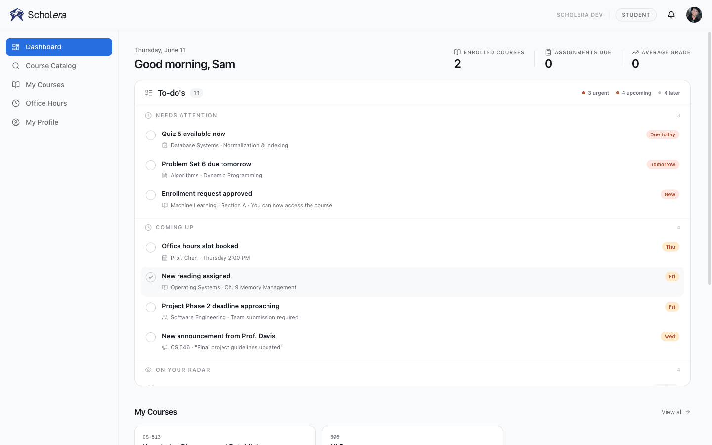Student dashboard with prioritized to-dos and enrolled courses